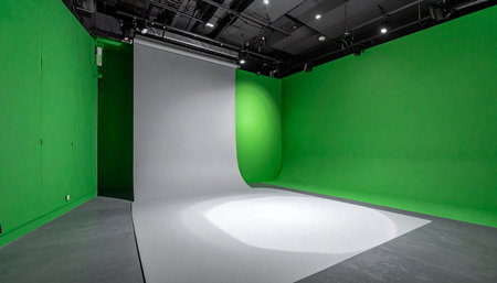 Backdrop showing interior of a film studio with green screen and seamless background. High resolution image suitable...の素材