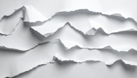 Multiple layers of torn white paper strips with jagged edges create an abstract pattern on a white background.の素材