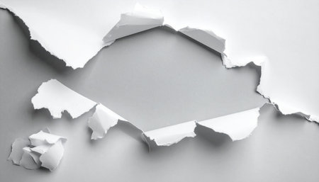 A large, irregular opening is torn in a white paper sheet, exposing a grey surface with soft shadows and jagged edges.の素材