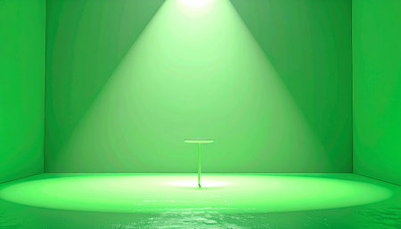 A minimalist green room with a single spotlight illuminating a small table in the center.の素材