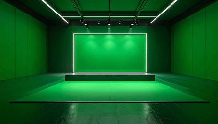 Modern green screen studio with an illuminated stage and sleek ceiling lights, ready for production.の素材