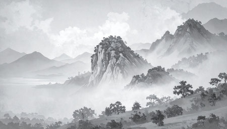 A majestic rocky mountain peak is shrouded in mist with scattered trees in a vintage watercolor landscape.の素材