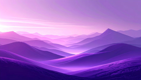 Sharp purple mountain peaks rise from soft mist, fading into a pale, ethereal sky.の素材