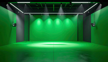 A spacious green screen studio featuring overhead lights, multiple spotlights, and a bright illuminated circle on...の素材