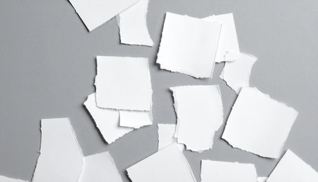 A scattered pile of small torn white paper squares and rectangles lies on a gray surface.の素材