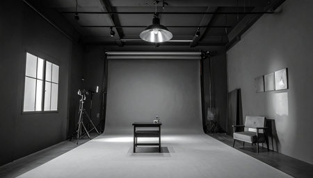 A photography studio with a chair, table, lighting equipment, and a large seamless paper backdrop.の素材