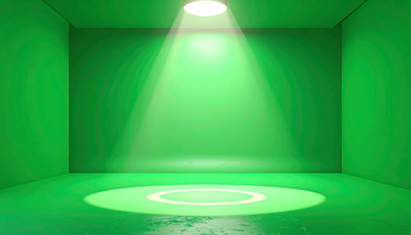 An empty green room with a wet floor featuring a ring of light from a spotlight and a ceiling light.の素材