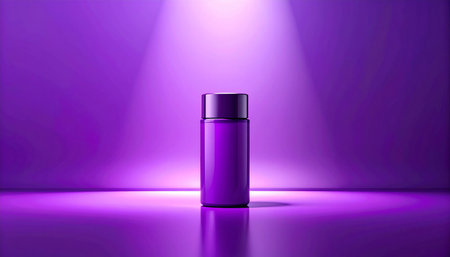 A purple jar with a lid is illuminated by a spotlight on a reflective surface. Clear details and vibrant colors enhan...の素材