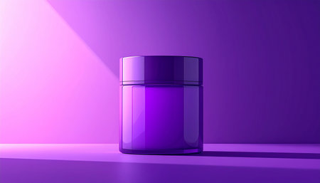 A purple glass jar with a silver lid sits on a textured surface with angled light rays.の素材