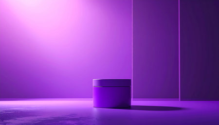 A purple cosmetic jar sits on a reflective surface with dramatic purple lighting and shadows.の素材