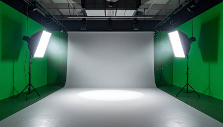 A professional studio with green screen walls, a white backdrop, and two softbox lights.の素材