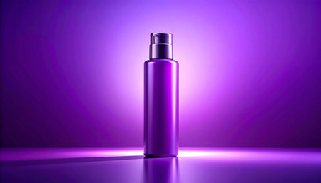 A matte purple cosmetic bottle with a black pump and cap is displayed on a reflective surface with purple light.の素材