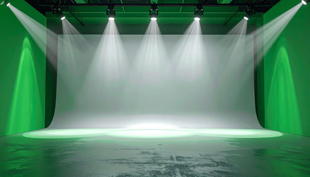A studio with green walls and a white seamless backdrop lit by multiple spotlights creating dramatic light beams.の素材
