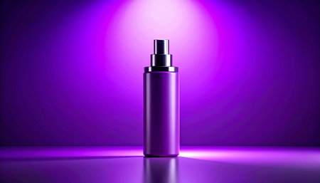 A tall purple spray bottle with a silver cap is centered and illuminated by a bright spotlight.の素材