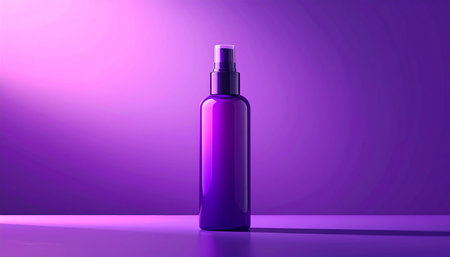 A purple spray bottle with a silver pump dispenser is positioned on a reflective surface.の素材