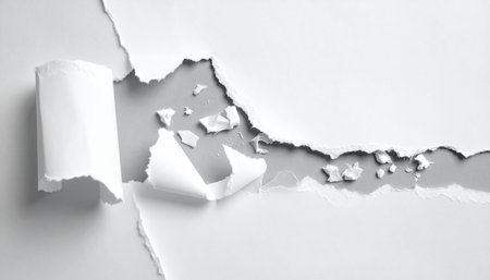 A torn white paper edge is rolled back, revealing a jagged gap and small paper fragments scattered within the opening.の素材