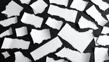 A variety of torn white paper pieces are arranged randomly across a dark, textured background.の素材