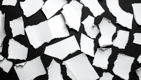 White torn paper pieces are placed randomly on a dark surface, creating a textured, abstract composition.の素材