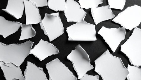 Numerous torn white paper pieces are scattered across a dark textured background with visible shadows.の素材