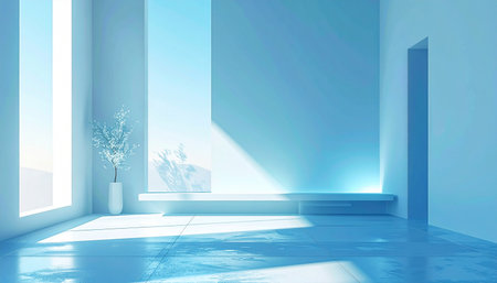 Bright minimalist blue interior with sunlight casting shadows and a single potted plant.の素材