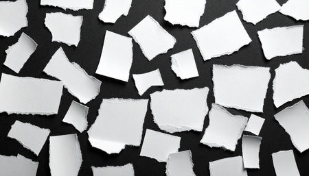 Numerous white torn paper pieces are scattered across a dark, textured background with visible shadows.の素材