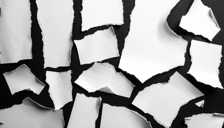 Scattered torn white paper pieces with rough edges on a dark textured background creating a dynamic composition.の素材