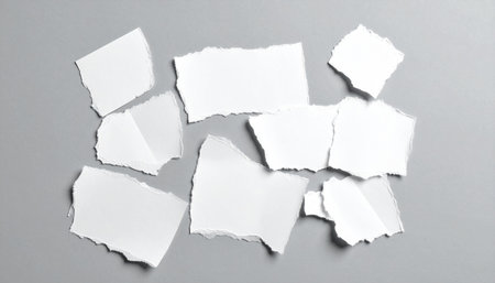 Small torn white paper fragments are clustered together on a gray surface, creating a textured composition.の素材
