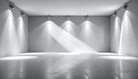 Spacious empty room with multiple ceiling spotlights casting distinct light patterns on floorの素材