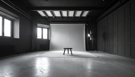 A spacious, dark photography studio with large windows, a white backdrop, and a stool in the center.の素材