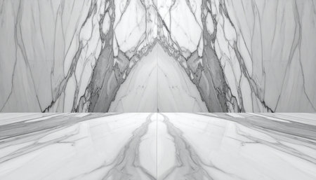 A symmetrical white marble floor and wall with dramatic gray veining creates a backdrop.の素材