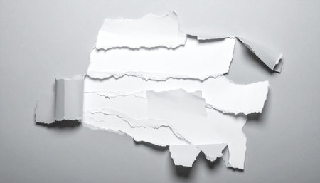 Torn white paper pieces are layered and ripped on a gray background with visible shadows and light.の素材