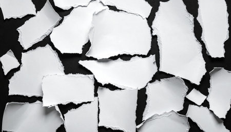 Ripped white paper fragments are spread across a dark textured background in a scattered arrangement.の素材
