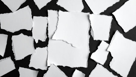 White paper fragments with rough, jagged edges are arranged on a dark, flat backdrop, offering empty space.の素材