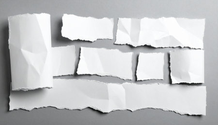 Several white paper fragments with torn edges and some folded sections are laid out on a gray surface.の素材