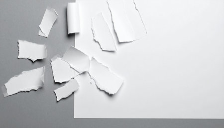 Torn white paper scraps and a rolled paper are on a gray surface next to a large blank white sheet.の素材
