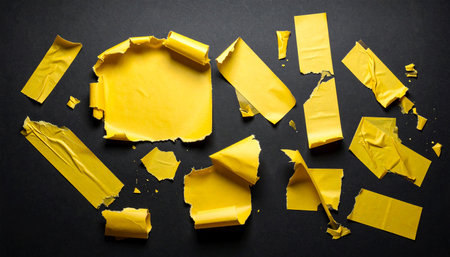 Various crumpled and torn yellow masking tape strips scattered across a dark background.の素材