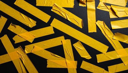 Scattered strips of yellow masking tape with wrinkles and tears lie randomly on a dark surface.の素材