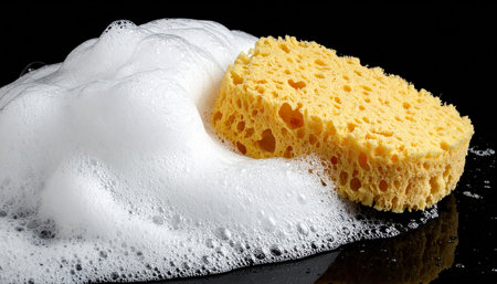 A yellow sponge is partially submerged in white soap suds filled with many bubbles on a dark, reflective surface.の素材