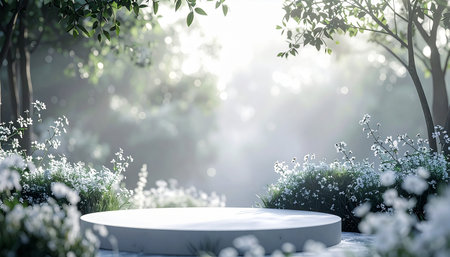 A white circular podium is centered in a misty forest with sunlight filtering through leaves.の素材