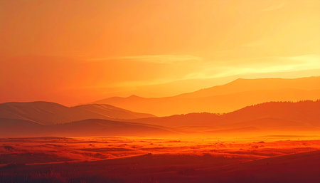 Gentle rolling hills and distant mountains are softened by the warm glow of an orange sunset sky.の素材