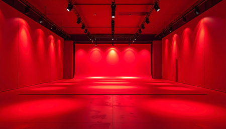 A wide view of a large red studio space with multiple spotlights and overhead lighting rigs.の素材