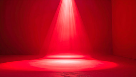 An intense red spotlight beam illuminates the floor of an empty room creating a dramatic atmosphere.の素材