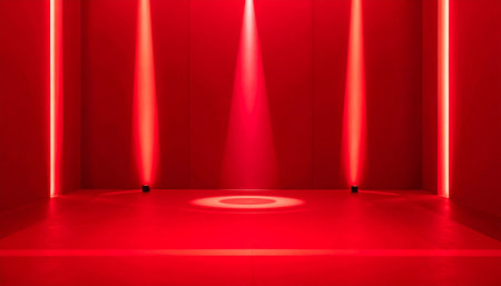 A red exhibition space with vertical lights and a central spotlight illuminating the floor.の素材