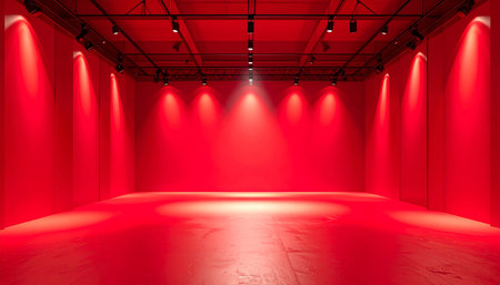 A red studio space with multiple spotlights and industrial ceiling lights illuminating the floor.の素材