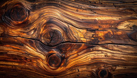 Detailed view of aged wooden surface with swirling grain patterns and dark knots Clear details and vibrant colors enh...の素材