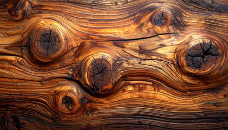 A close-up of weathered wood texture with several knots and swirling, rich brown grain patterns.の素材