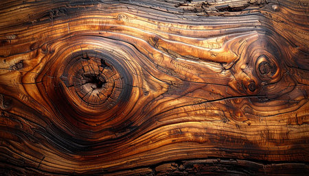 Intricate close-up of a knotty wooden log featuring swirling grain patterns and dark, charred accents.の素材