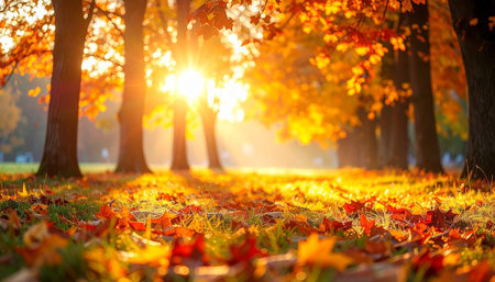 Golden sunbeams filter through trees onto a ground covered with vibrant red and orange fallen autumn leaves.の素材