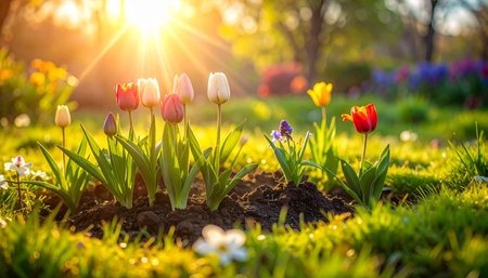 A line of diverse tulips stands in dark soil, bathed in bright, radiant sunlight filtering through green leaves and...の素材
