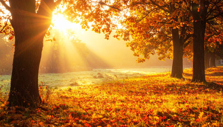 Sun rays pierce through autumn trees onto a field carpeted with fallen orange and red leaves in a serene landscape.の素材